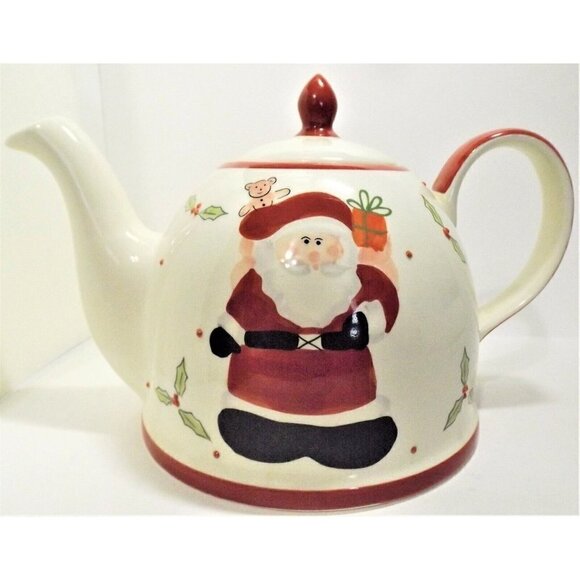 Le Gourmet Chef Santa Large Dome Tea Pot 2003 Red & White Hand Painted - Picture 3 of 10